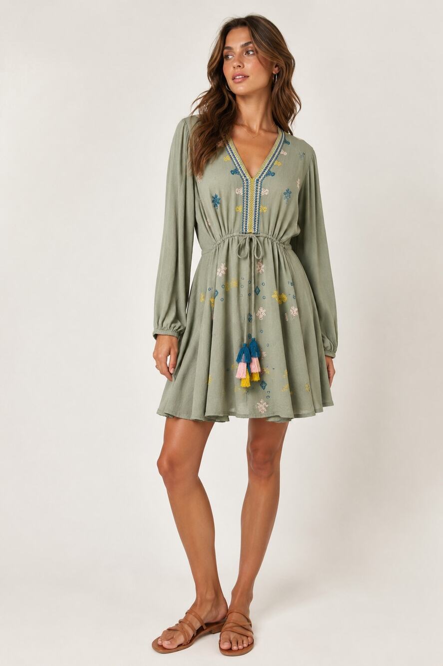 Entro Olive Green Embroidered Boho Tassel Long Sleeve Dress Size Medium Coquette
